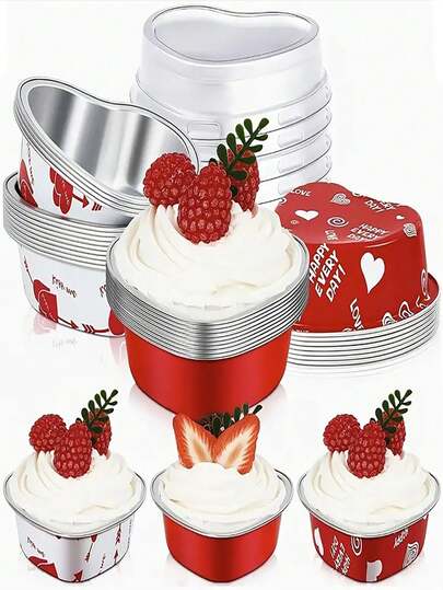 10/4pcs Red/White Heart-Shaped Aluminum Foil Cake Molds With Lids, "Happy Valentine's Day" Dessert Decoration Boxes, Heart-Shaped Cakes And Cookies Decoration Boxes, Party Dessert Decoration Boxes, Disposable Mini Cake Molds, Suitable For Valentine's Day Packaging Boxes, Baking Dessert Packaging Boxes, Anniversary, Packaging Boxes & Bags & Ribbons