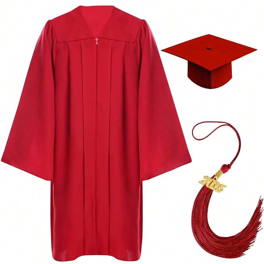 Graduation Cap And Gown Set With 2025 Charms Tassel Graduations Cap And Gown For School -8348 - Matte-red - View 1