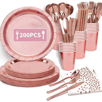 CYPNVajilla Reutilizable de 200 piezas50 platos 25 cucharas 25 tenedores 25 cuchillos 25 vasos 25 paja 25 servilletas para 25 invitados Platos Elegantes para Reuniones Festival y Fiesta Rose GoldFashion
