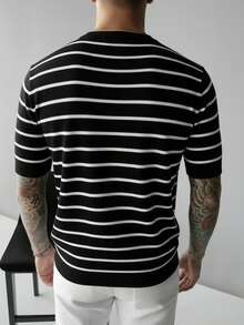 GRDR Men's Basic Striped Crew Neck Short Sleeve Knit Sweater, Spring/Summer - Black - View 2