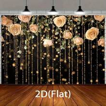 2D Flat 1 Elegant Pink Rose & Golden Glittery Background Luxurious Floral Party Decoration Background, Durable Polyester Fabric, Suitable For Wedding, Birthday, Anniversary Indoor/Outdoor Photo Booth Props, Wedding Decoration, Charming Design, Easy To Arrange - 1PCS - View 5
