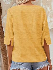 Women's V-Neck Half Sleeve T-Shirt, Loose Fit Casual Basic Top - 黃色 - 查看 2