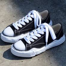 New MMY Shoes Classic Black And White Men's Retro Casual Sneakers - Low-Top Lace-Up Shoes With A Breathable Fabric Upper, Cushioned Rubber Sole And Durable Black Accents For All-Season Comfort And Everyday Wear. Minimalist Design With Fabric Upper - 黑色布料電動刺繡 - 查看 2