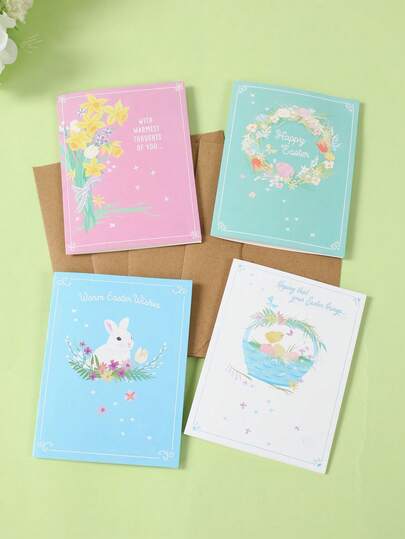 8张/4套复活节贺卡（含信封），复活节礼物卡，复活节兔子和花卉图案，复活节装饰品，复活节派对用品，复活节庆祝卡，送给亲朋好友的礼物，复活节快乐装饰，复活节派对装饰，复活节礼物，派对小礼品