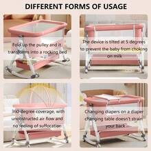 5 In 1 Baby Bassinet Bedside Sleeper, Convertible Baby Crib With Rocking Mode, Wheels And Adjustable Height, Foldable Bassinet With Breathable Mesh, Comfy Mattress, Storage Basket And Removable Mosquito Net - Pink - View 6