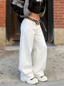 Women's Spring White Loose Minimalist Jeans - Fashionable And Versatile Denim Item, Suitable For Daily Wear And Photo Shoots - White - View 3