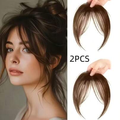 2片装女士夹式刘海 - 8英寸短直发，耐热合成纤维，瞬间增加发量并修饰脸型，易于夹戴（无需胶水/缝纫），适合日常佩戴和特殊场合