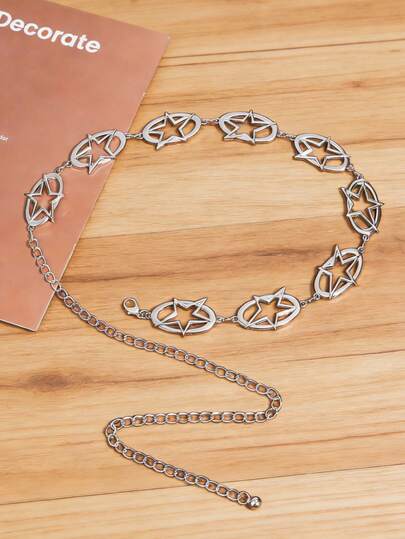 1 pieza Cinturón para mujer de talla grande, cinturón de estilo occidental, cadena de cintura con estrella de cinco puntas hueca, cadena corporal versátil de moda para combinar con suéteres, vestidos, para la playa, fiesta, en color plateado