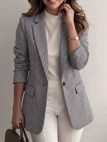 Women's Plaid Long Sleeve Blazer Jacket, Button Front With Pockets - Regular Fit, Durable Woven Fabric, Suitable For Office Wear All Seasons