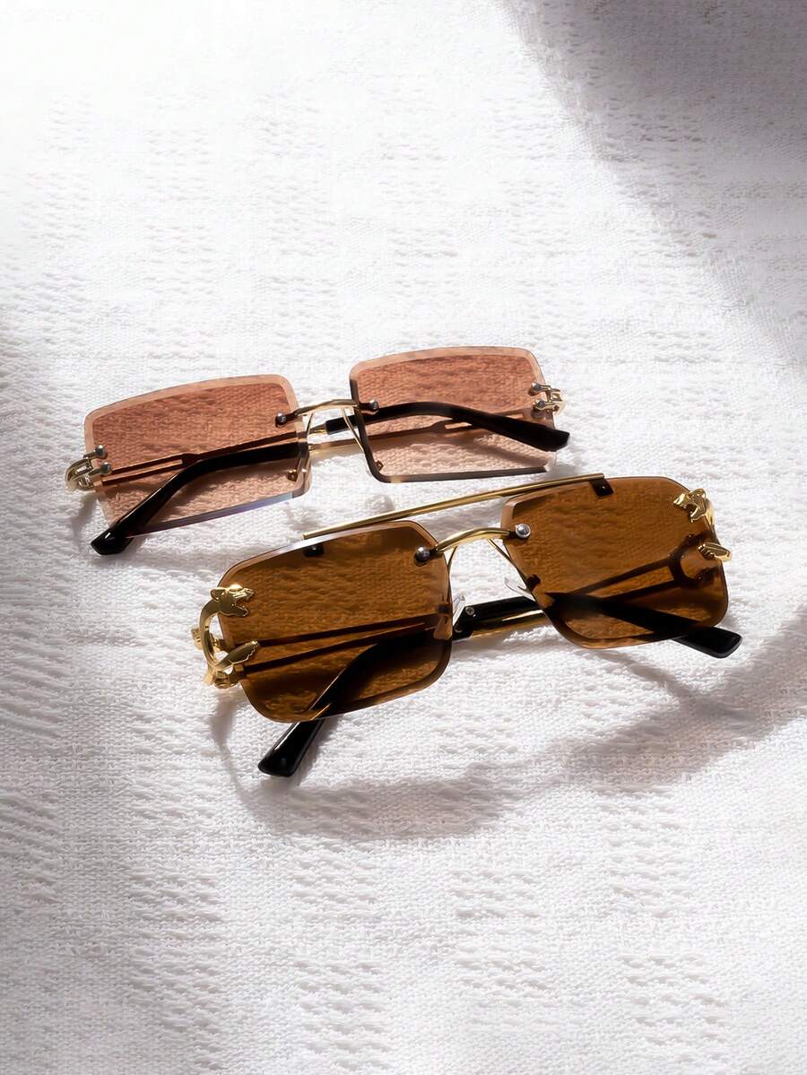 2pcs Women's Square Frameless Leopard Leg Personalized Photo Prop Beveled Edged Fashion Eyeglasses - Multicolor - View 1