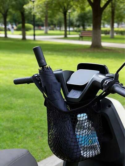 1 Pc Universal Motorcycle Handlebar Hanging Bag, Elastic High-Capacity Mesh Pouch, Ideal For Travel & Grocery Runs