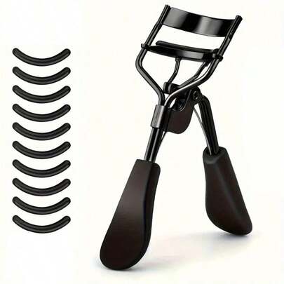 1pc Professional Eyelash Curler + 10pcs Replacement Pads, Long-Lasting Use, Longer & Fuller Lashes - Easy To Use & Eye-, Eyelash Curler, Effortless Shaping Without Pinching, Professional Beauty Tool. (Black)
