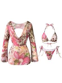 Leopard Print Lace-Up Backless Vacation Beach One Piece Swimsuit - Multicolor - View 5