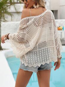 Vacation Style Semi-Sheer V-Neck Batwing Sleeve Cardigan - Apricot - View 2