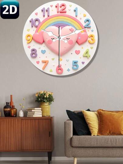 2D フラット 静音 非ティッキング 壁掛け時計、10-12インチ、ピンクハート レインボーパターン、モダンミニマリストスタイル、リビング、寝室、教室、オフィスに適しています。電池式(単3電池は別売り)。クリスマス、イースター、卒業の理想的なギフト。大きな数字で見やすい。ホームデコレーション 壁掛け時計、寝室時計、ユニークデザイン、耐久性、リビング時計、コンテンポラリースタイル、電池式。