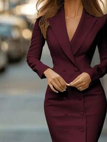 Women's White Blazer Collar Mid-Length Dress, Fitted Long Sleeve Pencil Skirt, Suitable For Business, Cocktail Parties And Formal Occasions, Elegant Party Dress - Burgundy - View 4