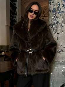 女士冬季仿皮草外套，棕色保暖蓬松夹克，时尚翻领长袖人造皮草外套，女士腰带休闲宽松外套 - 棕色 - 查看 5