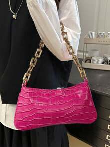 Women's Fashionable Gold Chain Crocodile Embossed Baguette Bag For Daily Use - Hot Pink - View 2