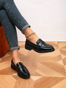 女士乐福鞋，圆头复古平底乐福鞋，户外复古女鞋，女鞋，休闲鞋，黑色鞋 - 黑色 - 查看 3