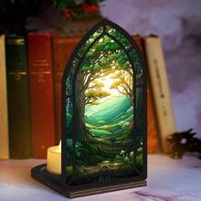 2D平面设计，哥特式图书馆装饰书挡雕像 - 森林秘密书挡，带暖光夜灯，书架装饰，适合读者和爱书人士，迷你阅读角装饰，圣诞节/情人节/感恩节礼物，适用于书架或书桌 - 彩色 - 查看 4