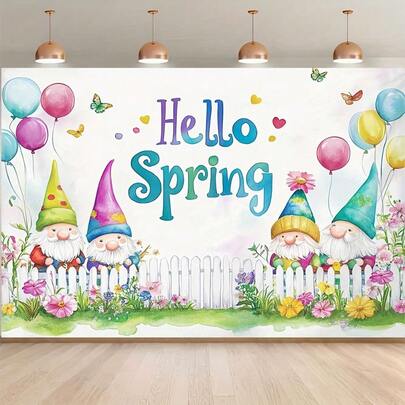 2D平面，1件装快乐小矮人“你好春天”背景横幅，配以明亮的气球、鲜花和蝴蝶 - 耐用涤纶面料，室内/室外派对装饰，包含彩色小矮人、小栅栏和春季图案，适用于春季节日。