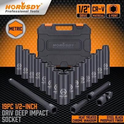 19pcs Deep Impact Socket Set 1/2" Drive Long Reach 10mm-24mm Extension Bar CR-V High Quality Forging, Forged From Heat Treated Chrome Vanadium Steel