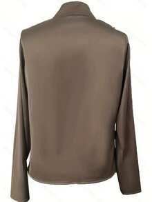 Women's Elegant Solid Color V-Neck Long Sleeve Blouse With Pleated Detail - Fashion Top For Spring&Fall - 酒紅色 - 查看 4