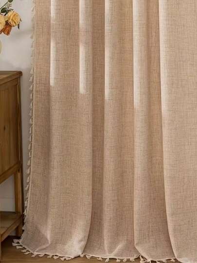 1件日式亚麻流苏窗帘，简约米色搭配棕色点缀，杆袋式设计，三边流苏，适用于客厅、阳台和卧室装饰，客厅窗帘，卧室窗帘，多场合适用。
