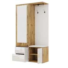 Elegant Wardrobe Set In White And Wood Tones With Mirror, Shoe Cabinet, Shoe Bench With Hooks And Extendable Clothes Rail - White - View 8