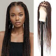 360度高清全蕾丝编织假发，无结编织假发，扭辫假发，带婴儿发的全蕾丝假发，手工钩编合成扭辫假发，36英寸自然黑色，适合日常、节日和派对佩戴 - 彩色 - 查看 12