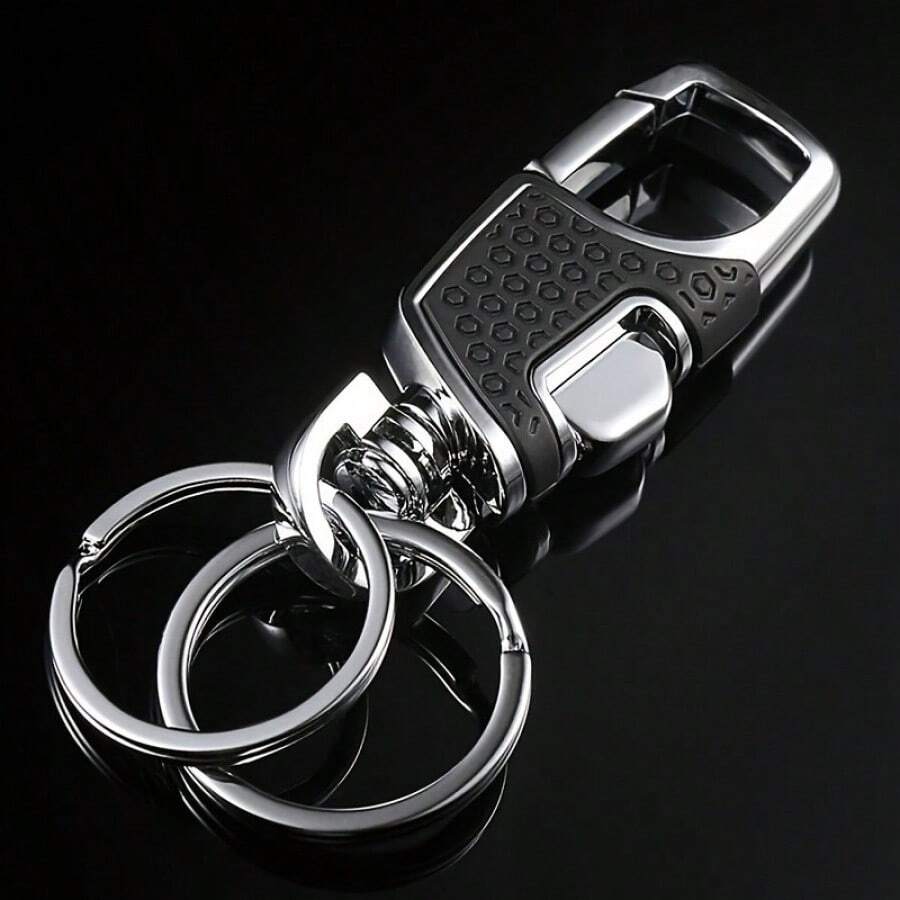 1pc Double Ring One-Click Key Chain, Iron Chain Anti-Lost Leather Ring - Fashionable Metal Texture Design, Sturdy Structure, Suitable For All Vehicle Models, Perfect Gift For Enthusiasts, Driver Accessory, Key Ring - Black * 1 Piece - View 1