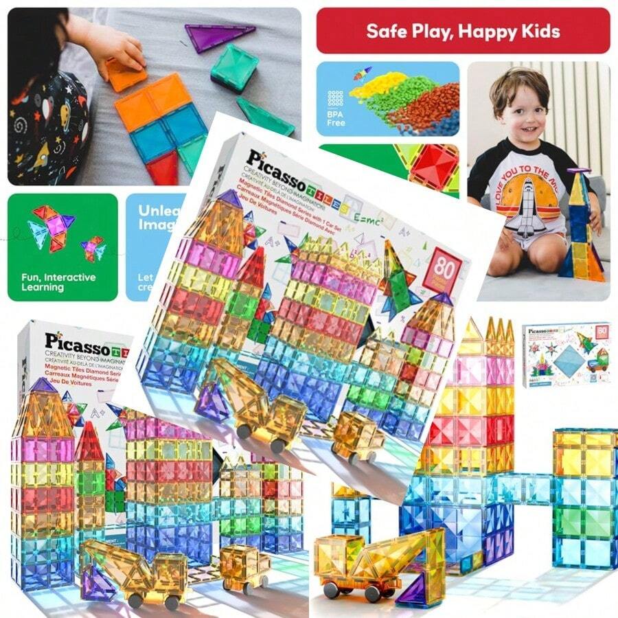 wsfPicassoTiles - Juego de 80 Piezas de Azulejos magneticos de construccion con Bloques de construccion educativos con Diamante de Coche Juguete para Juguetes sensoriales Stem para Desarrollo delaad - 80Piezas - Ver 1