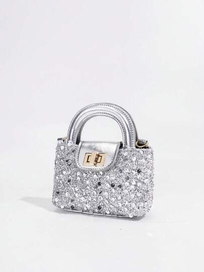 1 pieza Nuevo bolso de mano elegante con lentejuelas para niñas, bolso de hombro cruzado de alta gama con decoración de cierre giratorio, serie de asa superior, bolso con correa de cadena, bolso a juego madre-hija, cartera, bolso de hombro con correa ajustable, adecuado para uso diario, fiesta, viaje, regalo ideal