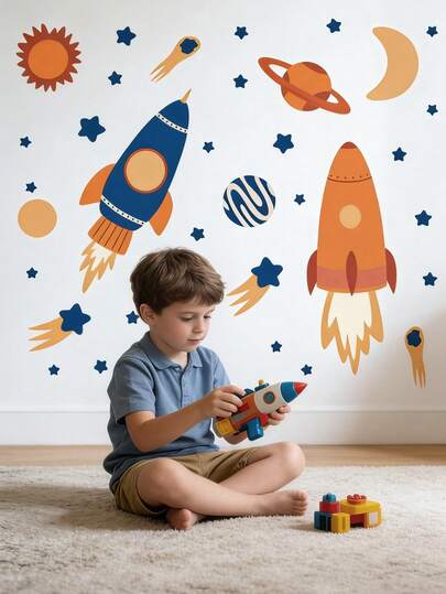 1 件彩色励志墙贴，非凡的墙面装饰，火箭、行星和太阳系贴纸套装，包含火箭、星星和云朵，自粘可移除 PVC 墙贴，适用于卧室、婴儿房或游戏室装饰
