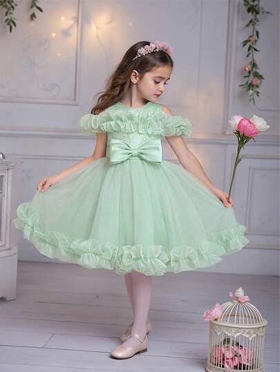 Young Girls' Round Neck Embroidered Sequin Bow Lily Satin Tulle Elegant Birthday Party Princess Dress, Suitable For School Graduation, Prom, Evening Gala, Does Not Include Headband