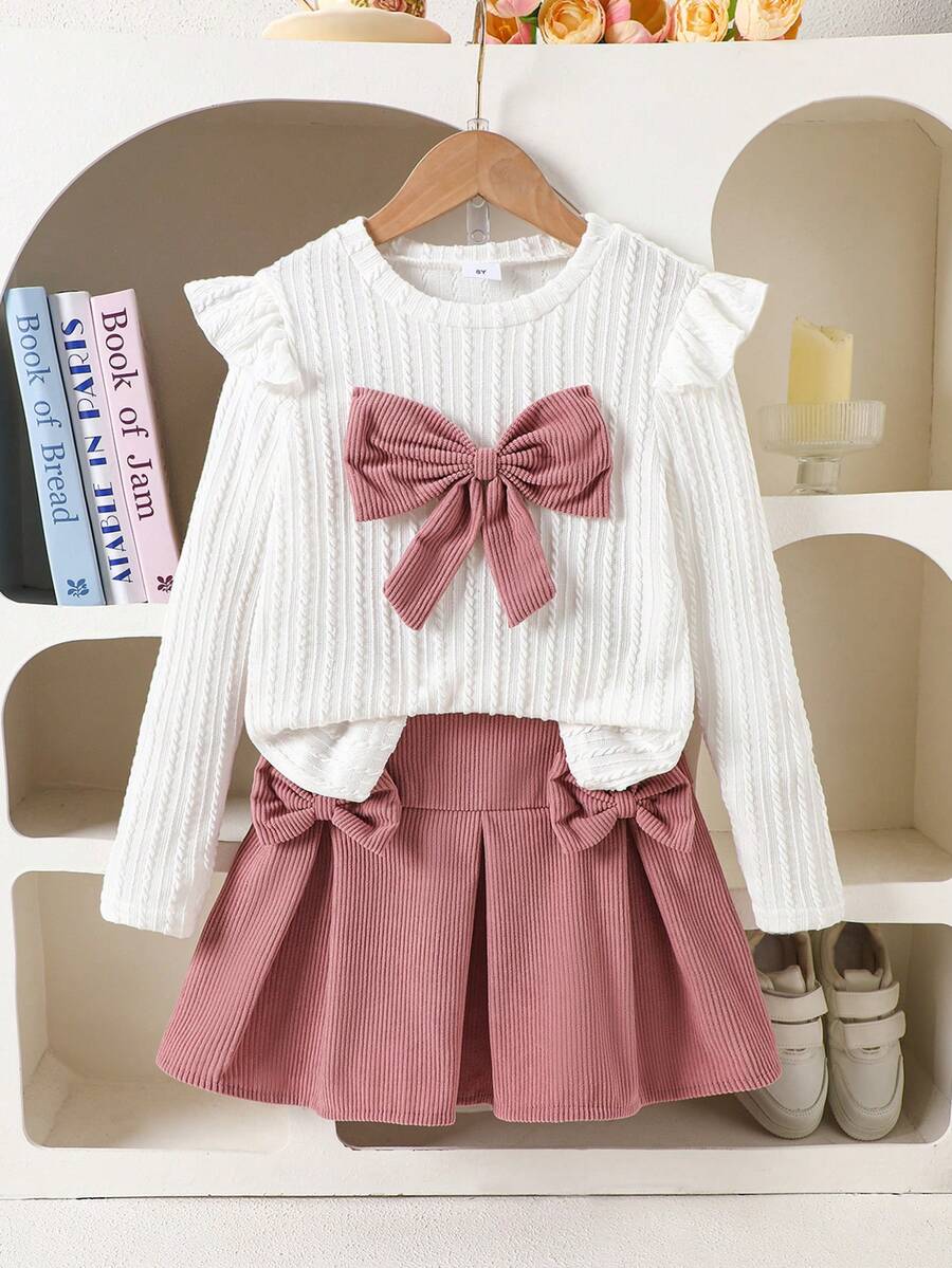 Girls' Sweet Bow Knit Set, White Ruffle Sleeve Top Paired With Pink Pleated Skirt, Adorable 2-Piece Outfit, Suitable For Young Girls - Dusty Pink - View 1