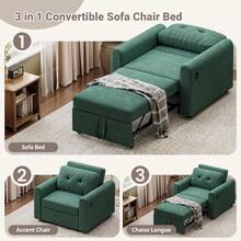 3 In 1 Convertible Single Sofa Bed With Adjustable Backrest, Pull Out Linen Single Sleeper Chair Bed With Pockets For Living Room, Micro Suede Fabric, Green - Green - Single - View 6