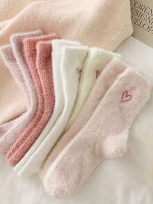 5 Pairs Bow Decor Fluffy Women's Crew Socks, Warm & Soft, Suitable For Autumn/Winter, Also An Ideal Gift - 粉色 - 查看 5