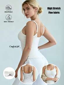 多功能U领白色性感简约吊带背心，修身透气外穿/内搭，露背时尚短款无袖上衣带胸垫，休闲运动背心 - 白色 - 查看 12