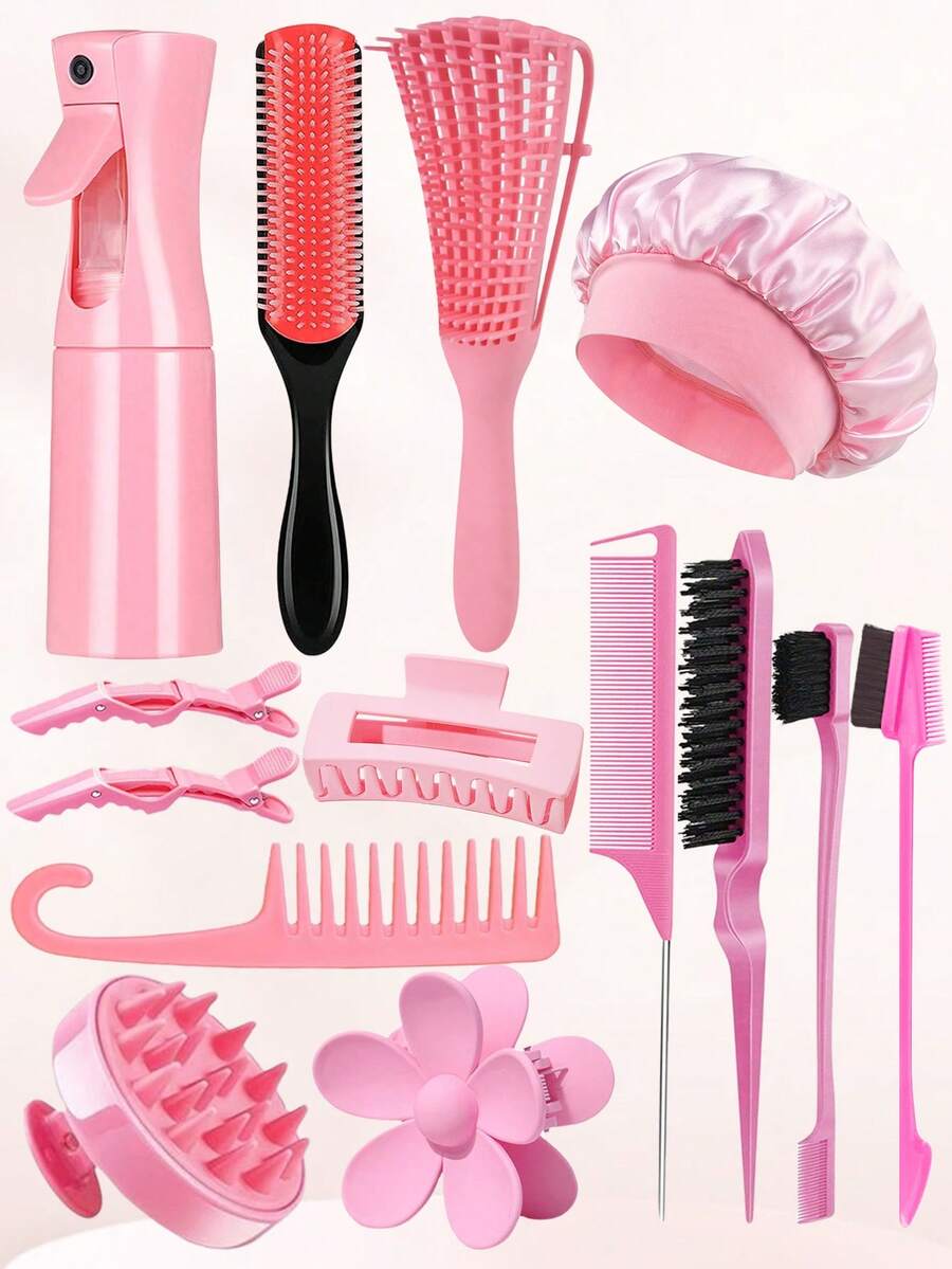 14pcs Natural Curl Hairstyling Tool Set, Including Spray Bottle, Sleep Cap, Curling Comb, Detangling Brush, Alligator Clips, Wet/Dry Hair Brushing Kit, Available In Pink/Black/Purple - Multicolor - View 1