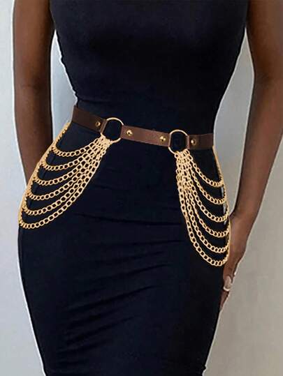 1pc Women's Gothic Style Waist Belt Chain Tassel Decor Sexy Waist Cincher, Suitable For Daily Commute Outfit, Halloween, Christmas, Party