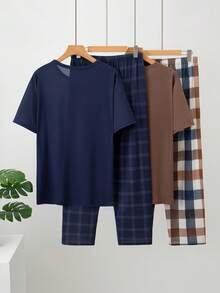 男士夏季轻薄短袖短裤睡衣套装（4件），2件短袖上衣和2条裤子，男士休闲印花家居服套装 - 彩色 - 查看 2