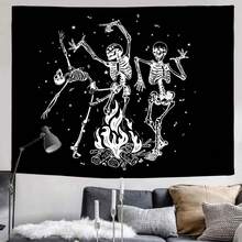Skeleton Tapestry Skull Tapestry Starry Tapestry Black And White Stars Bonfire Dance Music Tapestry Wall Hanging For Living Room Bedroom Aesthetic - Black - View 12