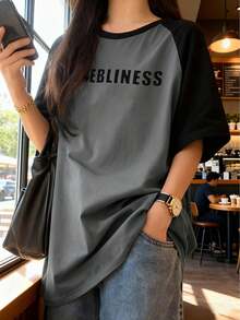 新款大码女装夏季时尚百搭休闲简约宽松舒适Y2K街头风英文字母印花撞色拼接短袖圆领针织T恤 - 黑灰色 - 查看 1
