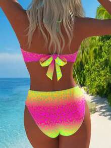Ombre Leopard Print Backless Halter Split Bikini Set, Suitable For Beach, Vacation Swimwear - Gradient Rose Red and Yellow - View 3