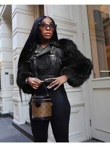 Women's Fashion Faux Fur Crocodile Print Jacket Collar Design Waist Belt Detail Zipper Closure - Black G0772 - View 2