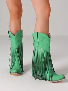 Vintage Fringe Tassel Western Cowgirl Boots For Women Pointed Toe Block Chunky Heels Slip-On Comfy Festival Riding Retro Mid Calf Cowboy Boots Woman - 綠色 - 查看 1