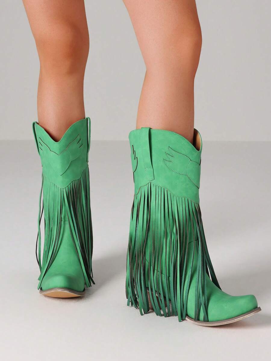 Vintage Fringe Tassel Western Cowgirl Boots For Women Pointed Toe Block Chunky Heels Slip-On Comfy Festival Riding Retro Mid Calf Cowboy Boots Woman - 綠色 - 查看 1