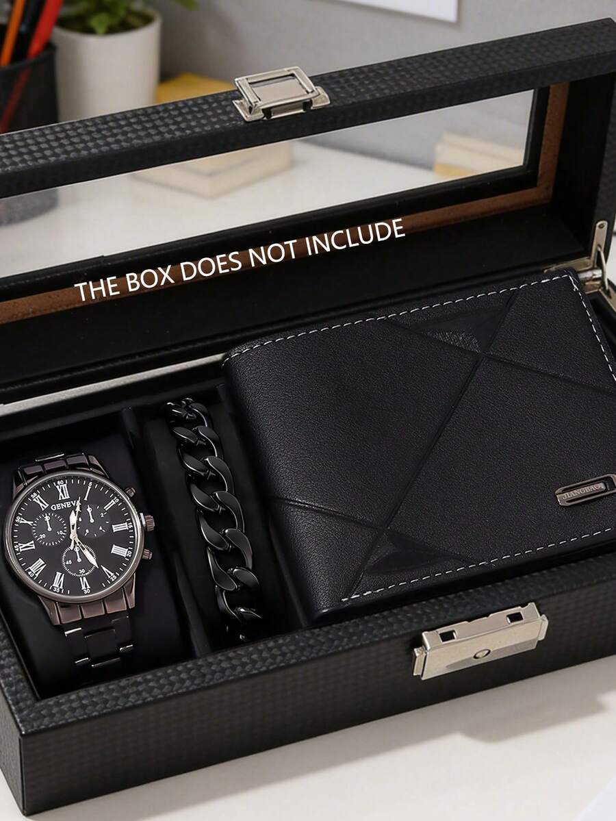 3pcs Minimalist Business Men's Quartz Watch Set, Men's Silver Accessories Set (Including A Silver Roman Numeral Multifunction Watch, A Cross Necklace With Diamond Accents, And A Black Wallet), With Silver As The Main Tone: The Watch Features A Roman Numeral Dial For A Practical And Professional Look, The Cross Necklace With Diamond Accents Adds A Touch Of Sophistication, And The Minimalist Black Wallet Is Suitable For Everyday Use. - Black - View 1