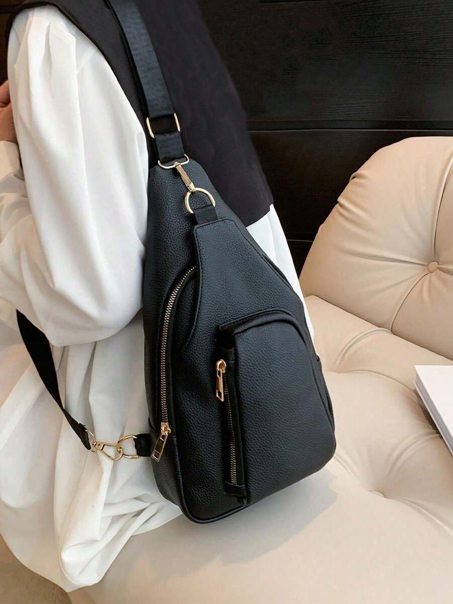 男士多功能胸包，带USB充电口，轻便单肩包，手机斜挎包，多功能纯色运动徒步单肩包，大容量邮差包，防水休闲腰包，大学背包，父亲节礼物，夏季爸爸万圣节礼物，男士秋季圣诞节礼物，男士包，腰包，旅行包，男士冬季圣诞节礼物背包 - 黑色 - 查看 1